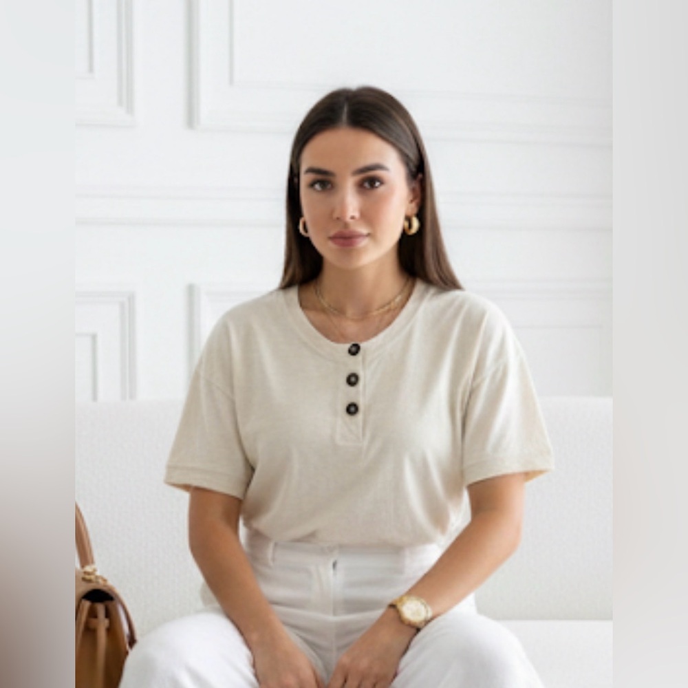 Madewell Cream Short Sleeve Henley Tee with Dark Buttons